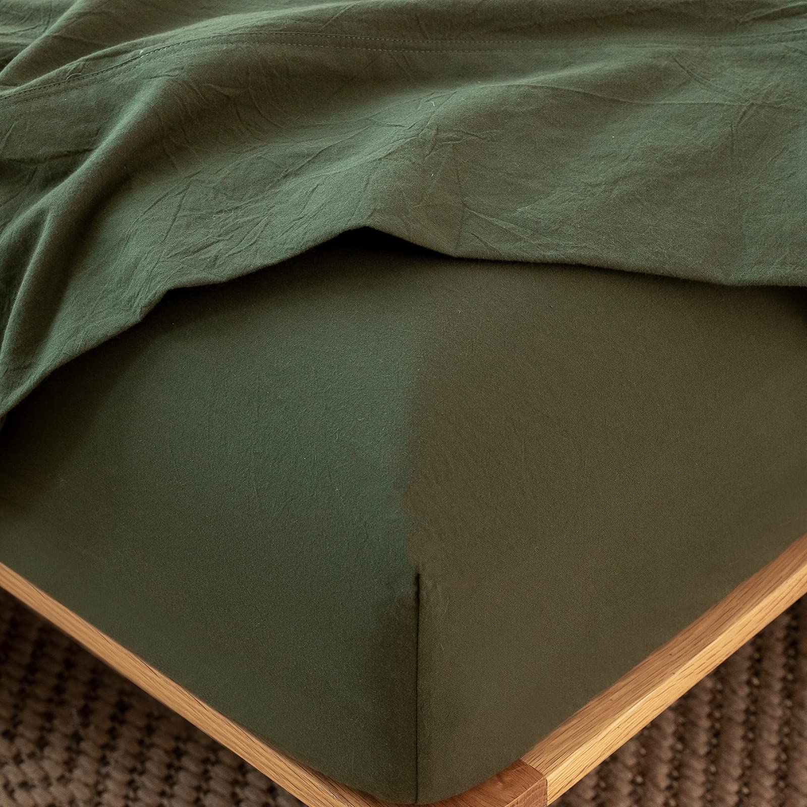 Photo 1 of MooMee Fitted Bottom Sheet Only 100% Washed Cotton Linen Like Textured Breathable Durable Soft Comfy Deep Pocket Fits Mattress up to 17" (Olive Green, King)