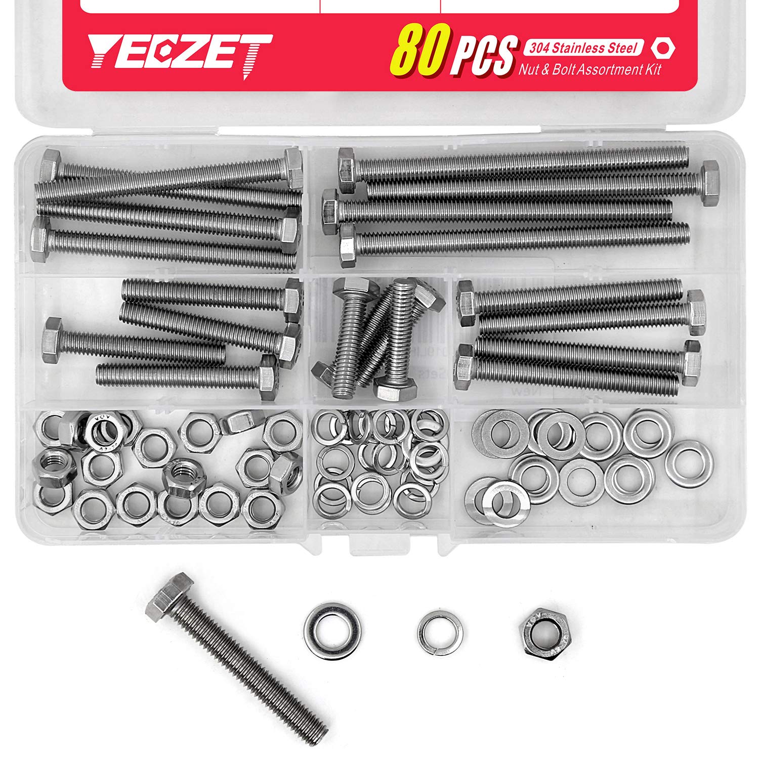 YEEZET M6 25 mm 40 mm 50 mm 60 mm 80 mm 304 Stainless Steel Hex Bolts, Washers, Spring Washers & Nuts Assortment Kit, Pack of 20 — image 1