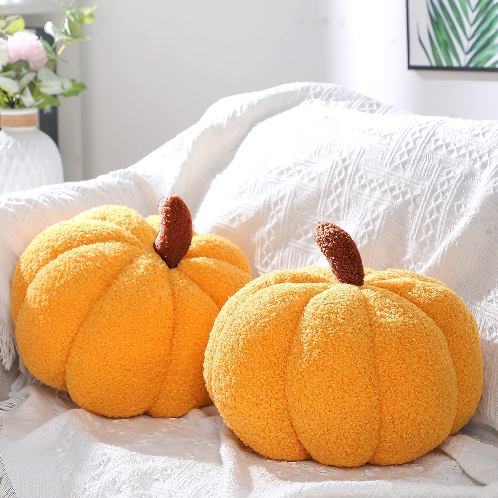 Queekay 2 Pcs Pumpkin Pillow Plush 11 x 9.5 Inch Thanksgiving Stuffed Pumpkin Decor for Fall Home Bedroom Throw Pillow Cushion Gifts for Holiday Operation Christmas Halloween Car Sofa(Ginger)