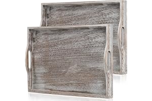DEAYOU 2 Pack Rustic Wood Serving Tray, 42cm/16.5'' Wood Ottoman Tray with Handles for Coffee Table, Vintage Decorative Tray 