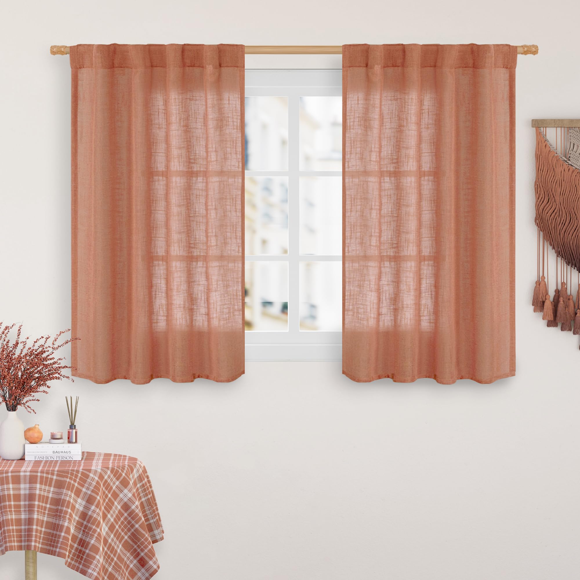 Photo 1 of LAMIT Terracotta Linen Curtains 40 Inch for Small Window, Light Filtering Neutral Semi Sheer Window Boho Curtains Back Tab and Rod Pocket Panels for Living Room, 2 Panels, 34 x 40 Inch