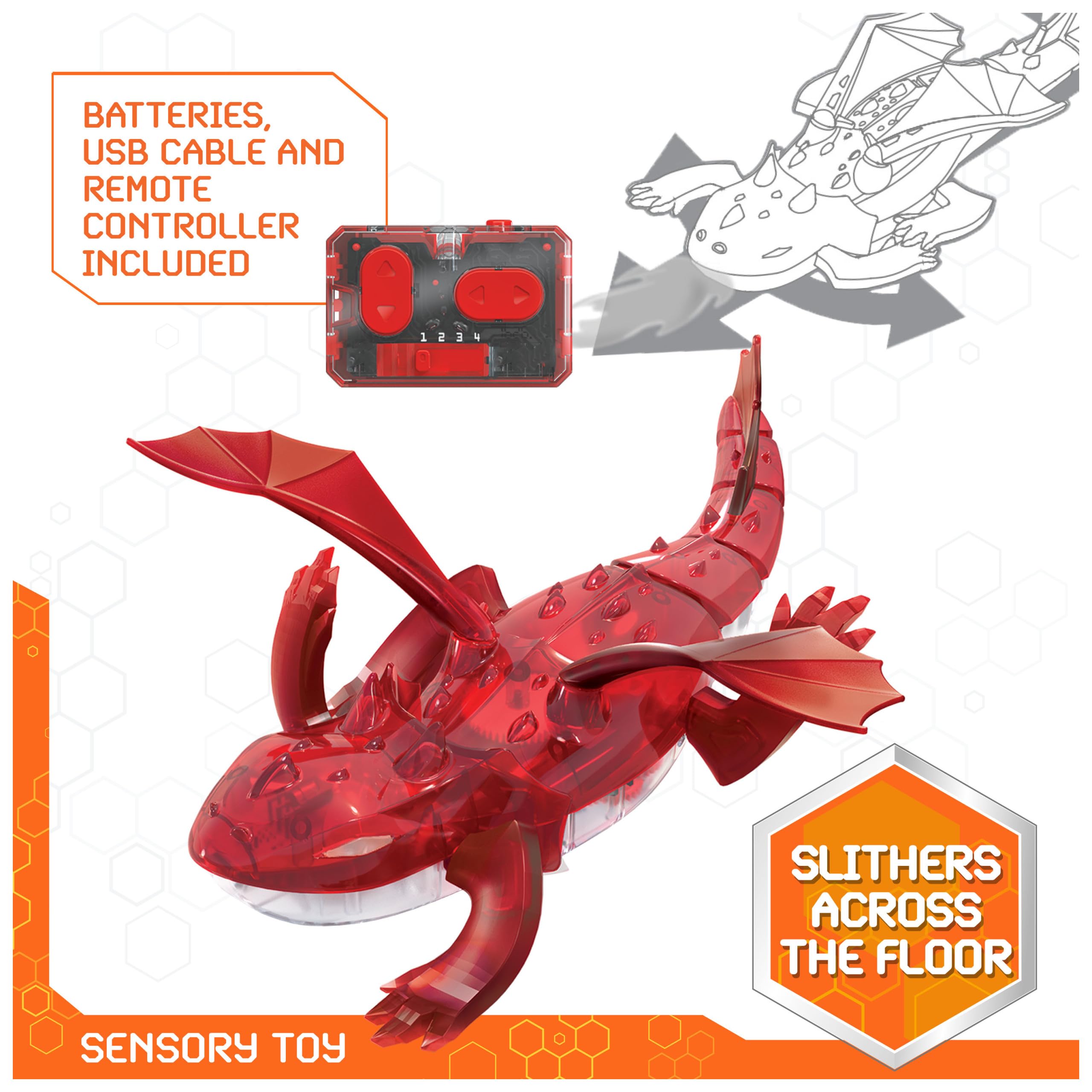 HEX Bots Remote Control Dragon, Rechargeable Robot Dragon Toys for Kids, Adjustable Robotic Dragon Figure Toys for Boys & Girls Ages 4 & Up, Red