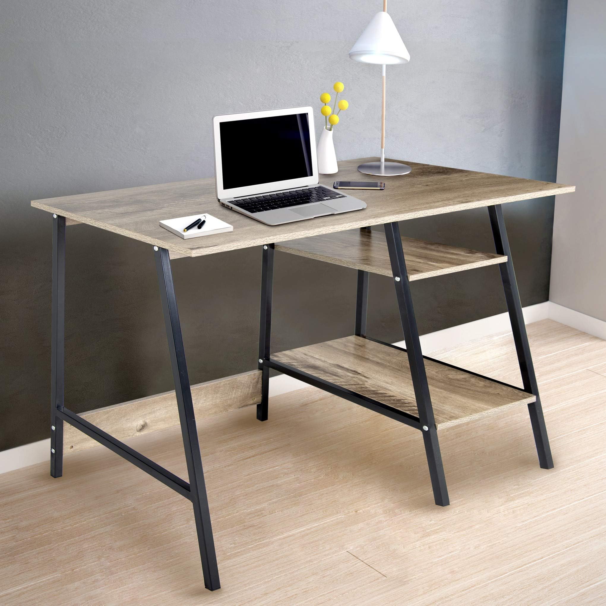 CAP LIVING Computer Desk w/ 2-Tier Shelves, Study Table, Writing Desk, Office Desk in Oak/Black Finish