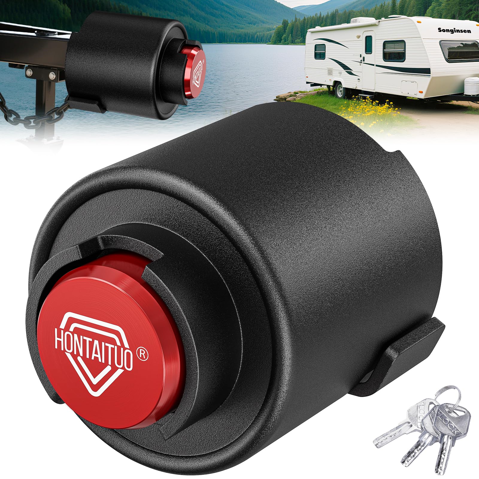 Photo 1 of 2" Heavy Duty Trailer Lock - Ball Coupler and Safety Chains Anti-Theft, Solid Steel Trailer Tongue Lock for RV, Boat, Camper, Cargo Trailers Trailer Hitch Locks