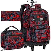 FTJCF 3Pcs Rolling Backpack for Boys, 19 Inche Adults Roller Bag with Wheels, Graffiti Wheeled Bookbag Set for Men(Red)