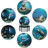 6 Pcs Coasters for Drinks with Holder,Underwater Fishes Sea Turtle Absorbent Coaster with Cork Backing,Great Gift for Housewarming,Room Decor,Bar,Holiday Party