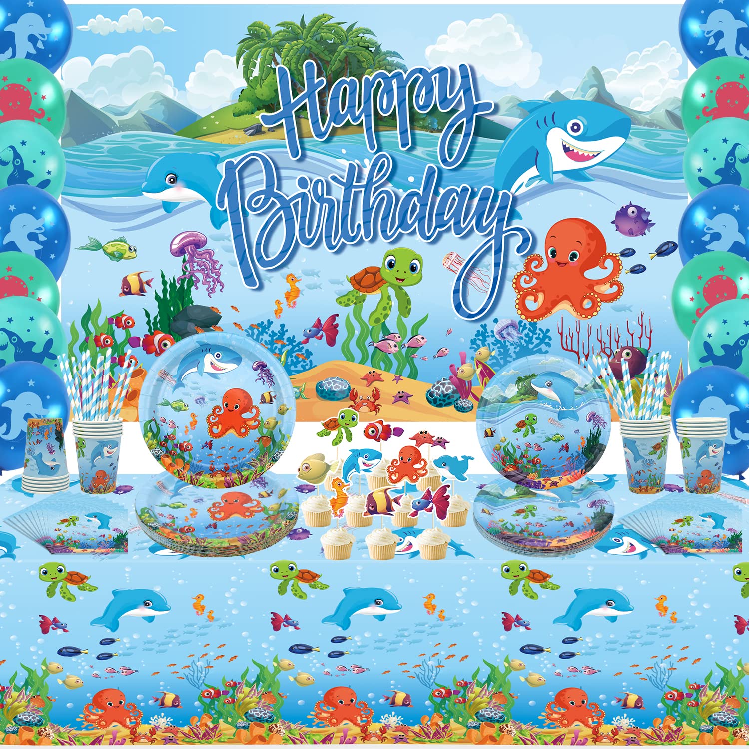 LSJDEER Under the Sea Party Supplies - Ocean Sea Tableware - Plates, Cups, Napkins, Tablecloth, Backdrop, Balloons, Cake Toppers for Underwater World Birthday Party Decorations, Serves 20