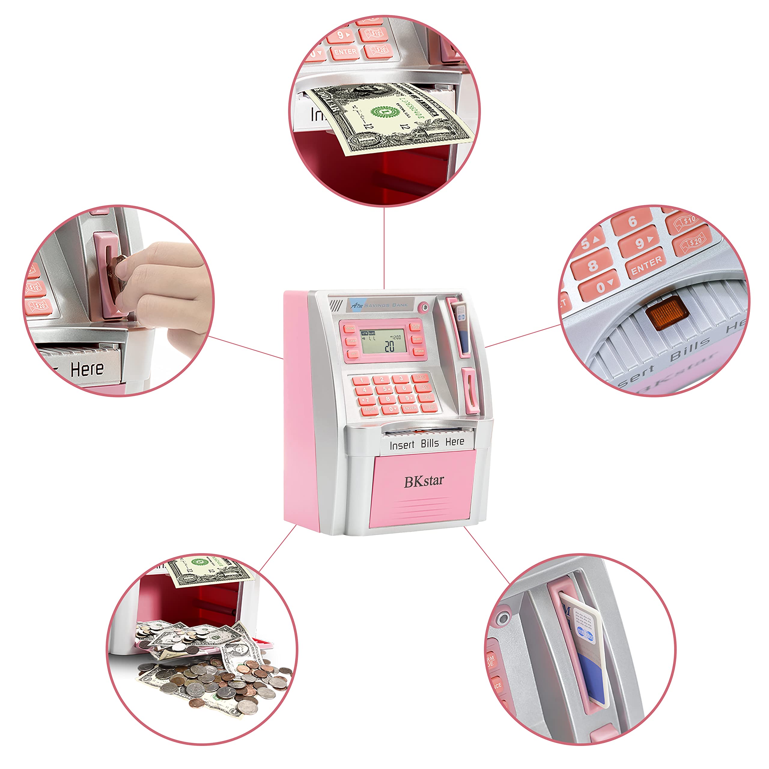 Mini Toy ATM Savings Bank, Pink Piggy Bank Machine for Real Money with Card, Bill Feeder, Coin Reader, Balance Calculator Safe Box for Kids Adults