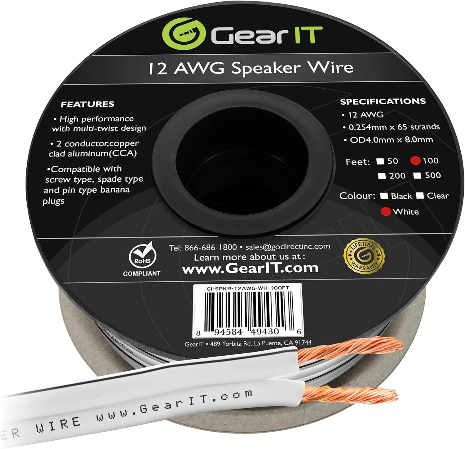 12AWG Speaker Wire, GearIT Pro Series 12 Gauge Speaker Wire Cable (200 Feet / 60.96 Meters) Great Use for Home Theater Speakers and Car Speakers, Black: Electronics