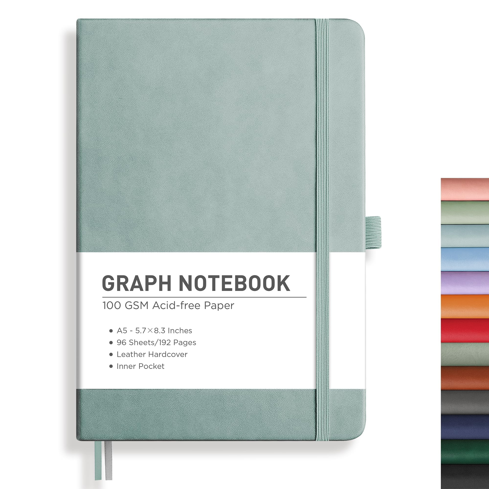 Photo 1 of RETTACY Graph Grid Paper Notebook, 192 Pages, A5 Medium Size (5.7'' x 8.3''), 5 Squares per Inch, Leather Hardcover, 100 GSM Thick Paper, for School, Students, Math, Engineering (Blue-gray)