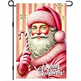 BlissYard Christmas Garden Flag 12x18 Inch Welcome Retro Pink Santa Yard Flag Double Sided Holiday Outdoor Banner with Candy Cane and Gold Snowflakes for Winter Porch Lawn Patio