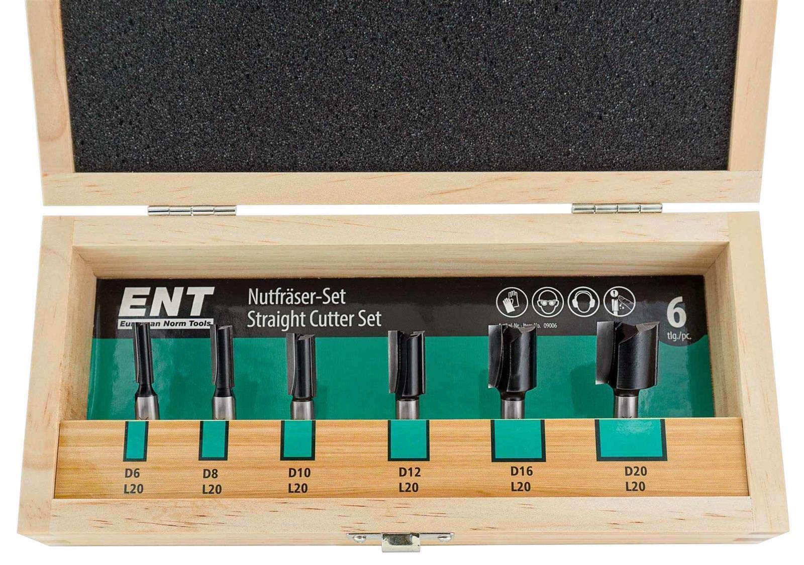 ENT 6-Piece HW Straight Router Bit Set - Diameter 6/8/10/12/16/20 mm - Shaft Diameter 8 mm