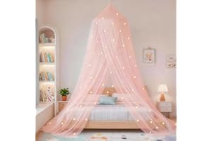 Stars Bed Canopy Glow in The Dark, Eimilaly Bed Canopy for Girls Mosquito Net, Princess Canopy for Girls Bed Room Decor, Pink