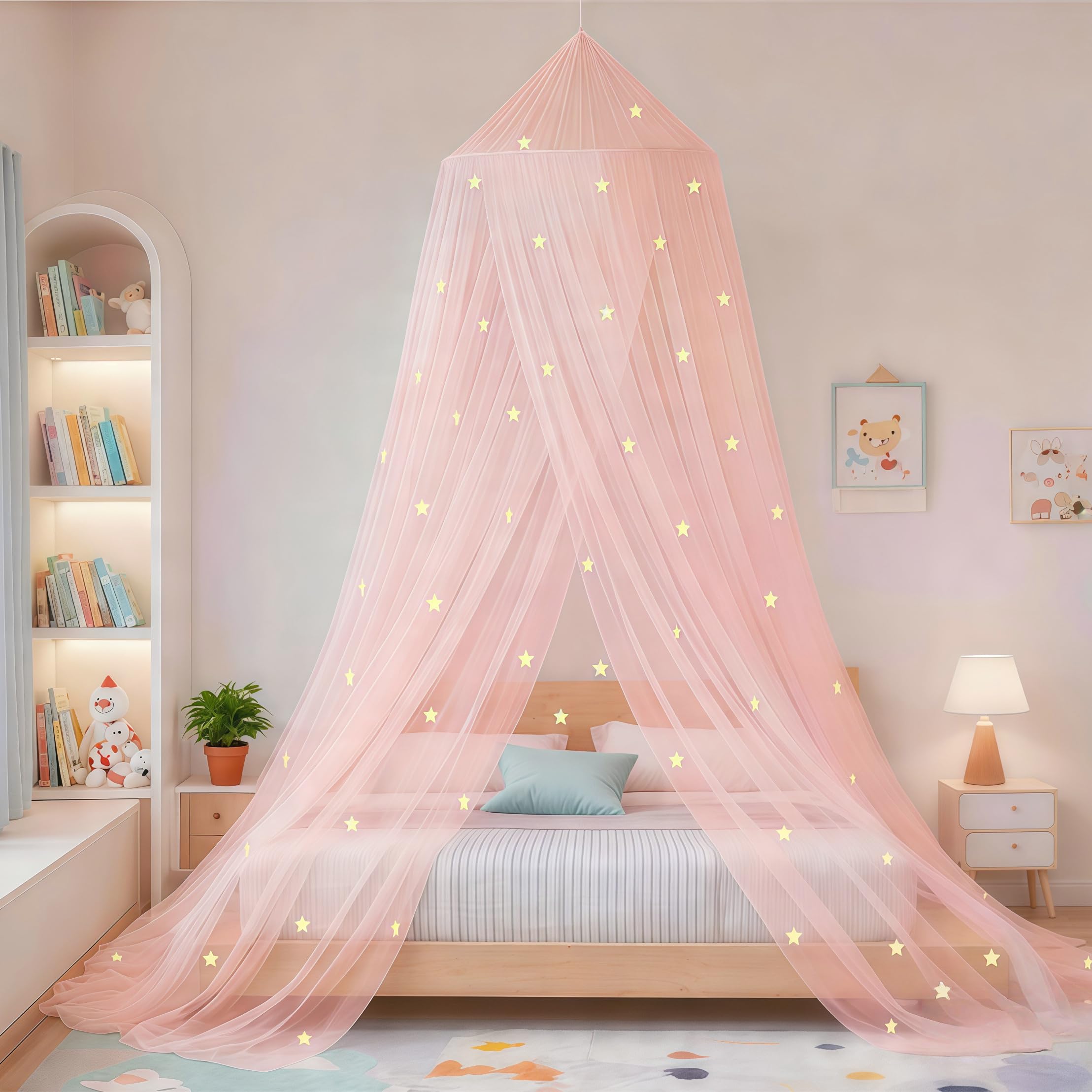 Eimilaly Stars Bed Canopy Glow in The Dark, Bed Canopy for Girls Mosquito Net, Princess Canopy for Girls Bed Room Decor, Pink — image 1