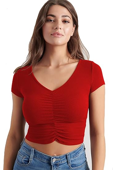 1151 Women's Basic Sexy V Neck Slim Fit Crop Top T-Shirt for Womens