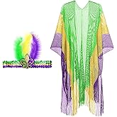 Bencailor 2 Pcs Mardi Gras Shawls Wraps Feather Headband Set Women's Long Poncho Cape Mardi Gras Yellow Green Purple Headwear and Cape(Vibrant)
