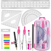 Akuoly Maths Compasses Full Starter Geometry Kit with 2 Drafting Compasses Protractor 2 Set Squares Ruler Pencil and More for Students Maths Study Homework etc. Pink