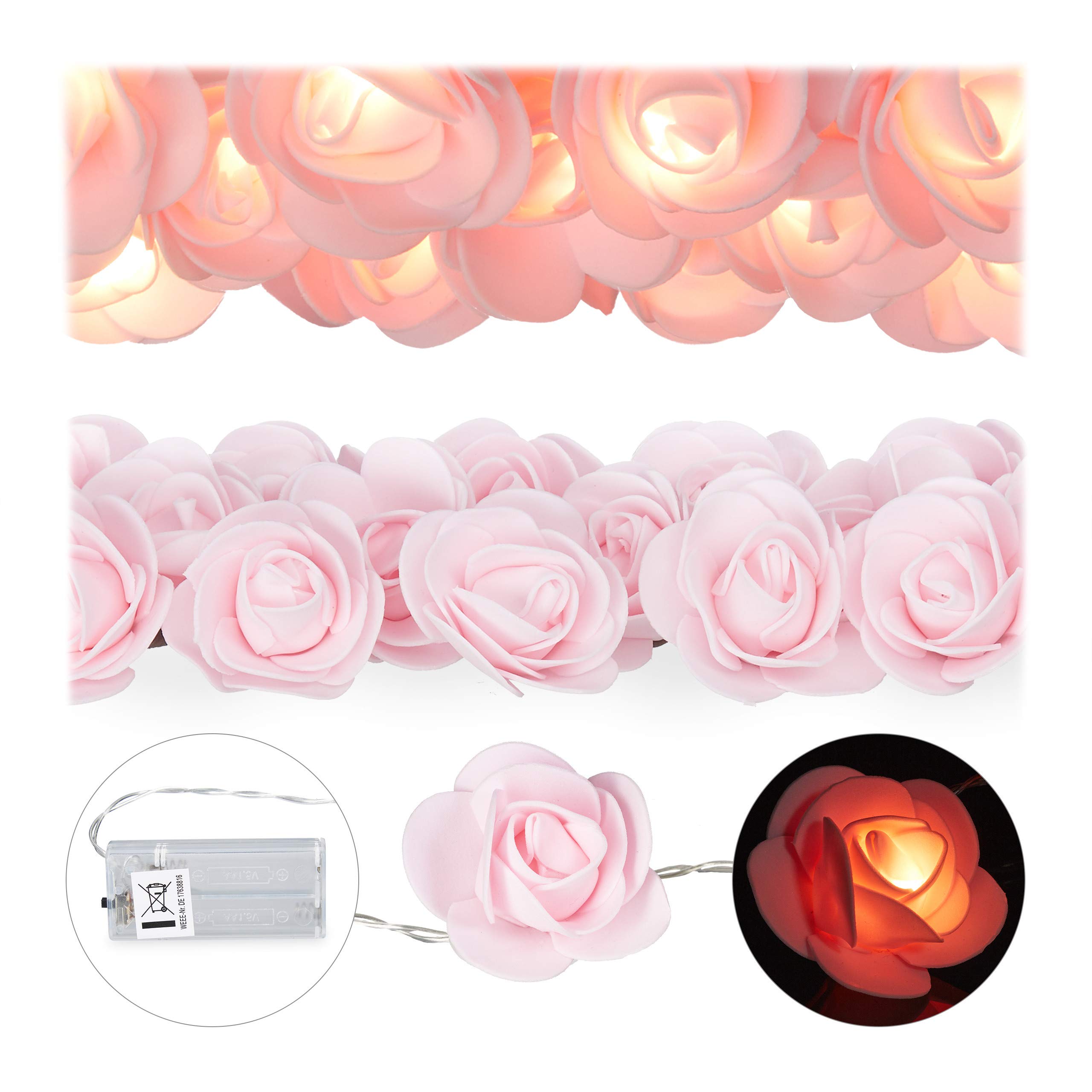 Relaxdays Rose String, 20 LED Fairy Lights, Batteries, Weddings & Valentine’s Day, Warm White, Pink, Foam, 4 x 5 x 340 cm
