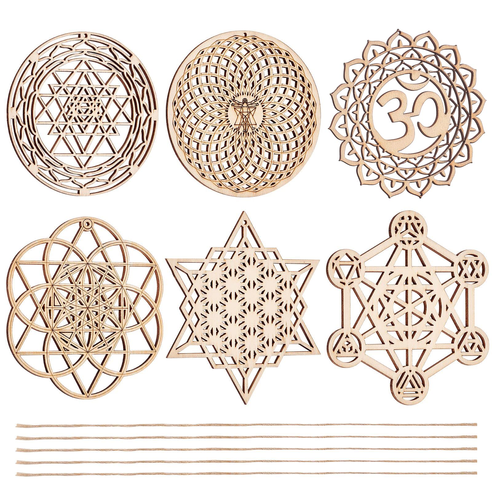 CHGCRAFT 6 Sets 6 Styles 3.9 Inch Sacred Geometry Wooden Wall Art Set, for Yoga Meditation Room Chakra Home Decor Crystal Grid Board Mandala Sculpture