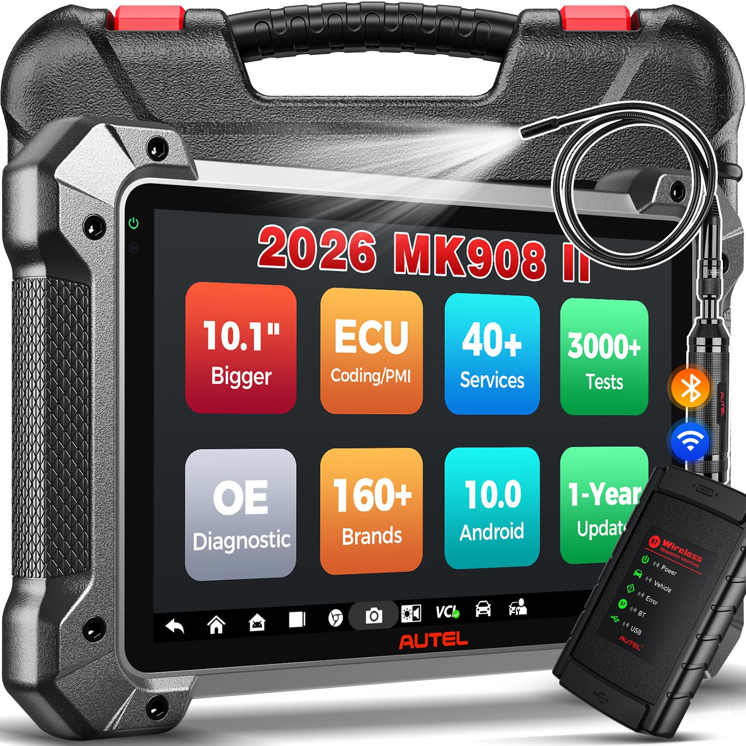 Autel MaxiCOM MK908 II 2026 Car Diagnostic Scan Tool: Level-Up Ver. of MK908/ MK906 PRO, AutoScan 2.0, Android 10, 4G+128G, 2.4 & 5G WiFi, Advanced ECU Coding, Bidirectional Active Test, 36+ Services