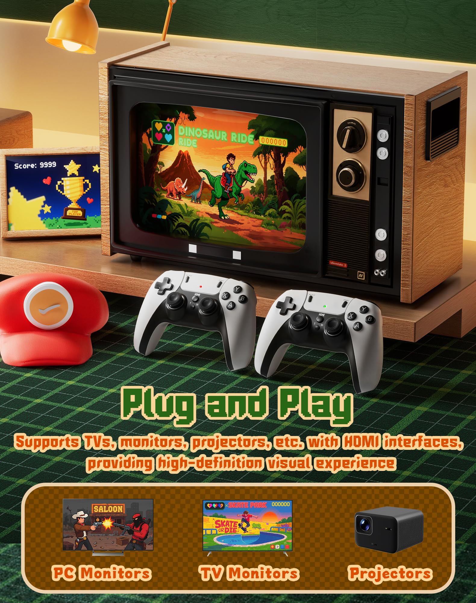 Huqjot 2025 Upgraded Retro Gaming Console Stick Pro, Video Games Console with 4K HDMI, Built-in 23 Classic Game Emulators, 20000+ Games - Video Game with Upgrade Dual 2.4G Wireless Controllers (64G)