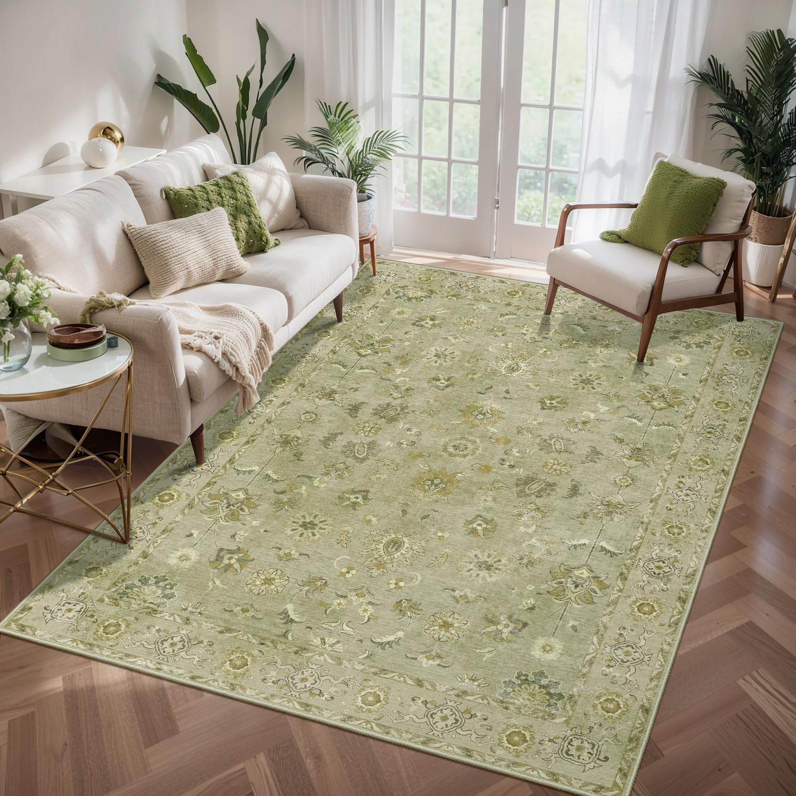 Tangsoo 4x6 Area Rug for Living Room, Washable Floral Vintage Rugs Indoor, Distressed Flaxen Green Carpet for Bedroom, Non Slip Dining Room, Soft Low Pile Rugs Foldable Floor Rug for Dorm Bedside Image Tangsoo 4x6 Area Rug for Living Room, Washable Floral Vintage Rugs Indoor, Distressed Flaxen Green Carpet for Bedroom, Non Slip Dining Room, Soft Low Pile Rugs Foldable Floor Rug for Dorm Bedside Image