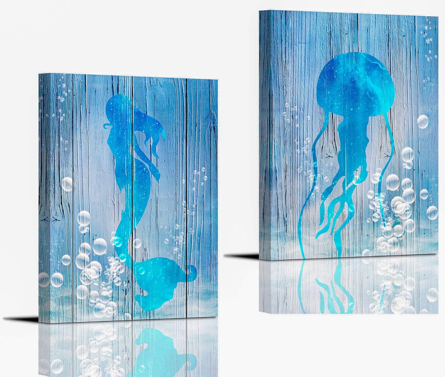 Mermaid and Jellyfish Wall Art for Bedroom Wall Decoration 12×16Inch Set of 2 Panels Dining Room Bathroom Sea Animal in Bubbles Water Wall Decor Framed Blue Sea Canvas Prints Home Decor Artwork