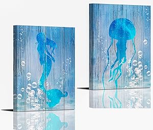Mermaid and Jellyfish Wall Art for Bedroom Wall Decoration 12×16Inch Set of 2 Panels Dining Room Bathroom Sea Animal in Bubbles Water Wall Decor Framed Blue Sea Canvas Prints Home Decor Artwork