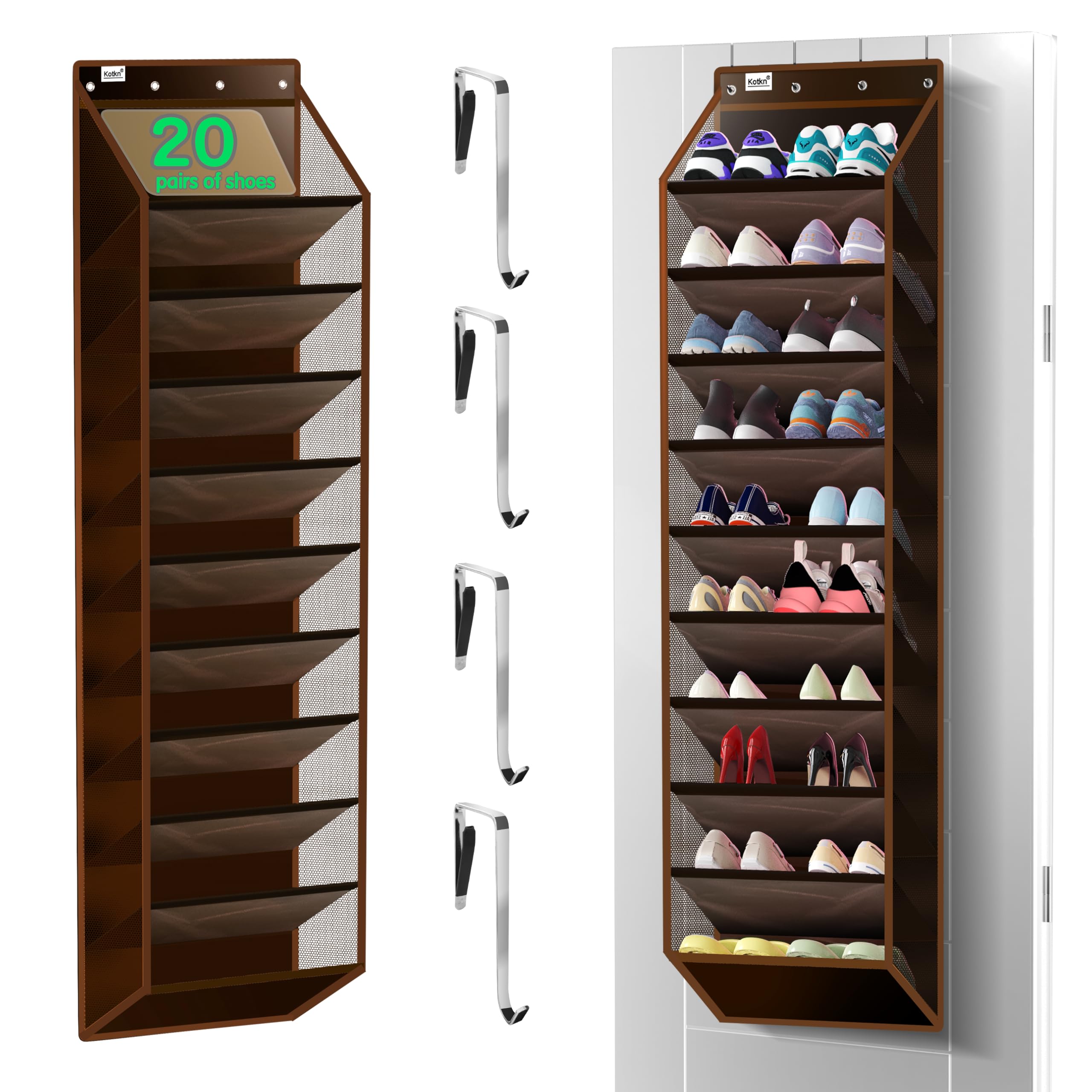 Kotkn 10 Tier Over The Door Organizer - Heavy Duty Hanging Storage Rack with Sturdy Oxford Fabric, Holds 20+ Pairs of Footwear, Boots & Sneakers, Saves 50% Closet Space (Dark Curry)