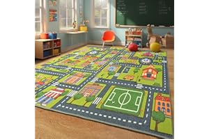 Merelax 5x8 Kids Car Area Rug, Grey Green Area Road Rugs for Living Room Playroom Classroom Bedroom, Non Slip Kids Play mat, Washable Rug, Educational City Traffic Map Fun Car Carpet for Ages 3-12