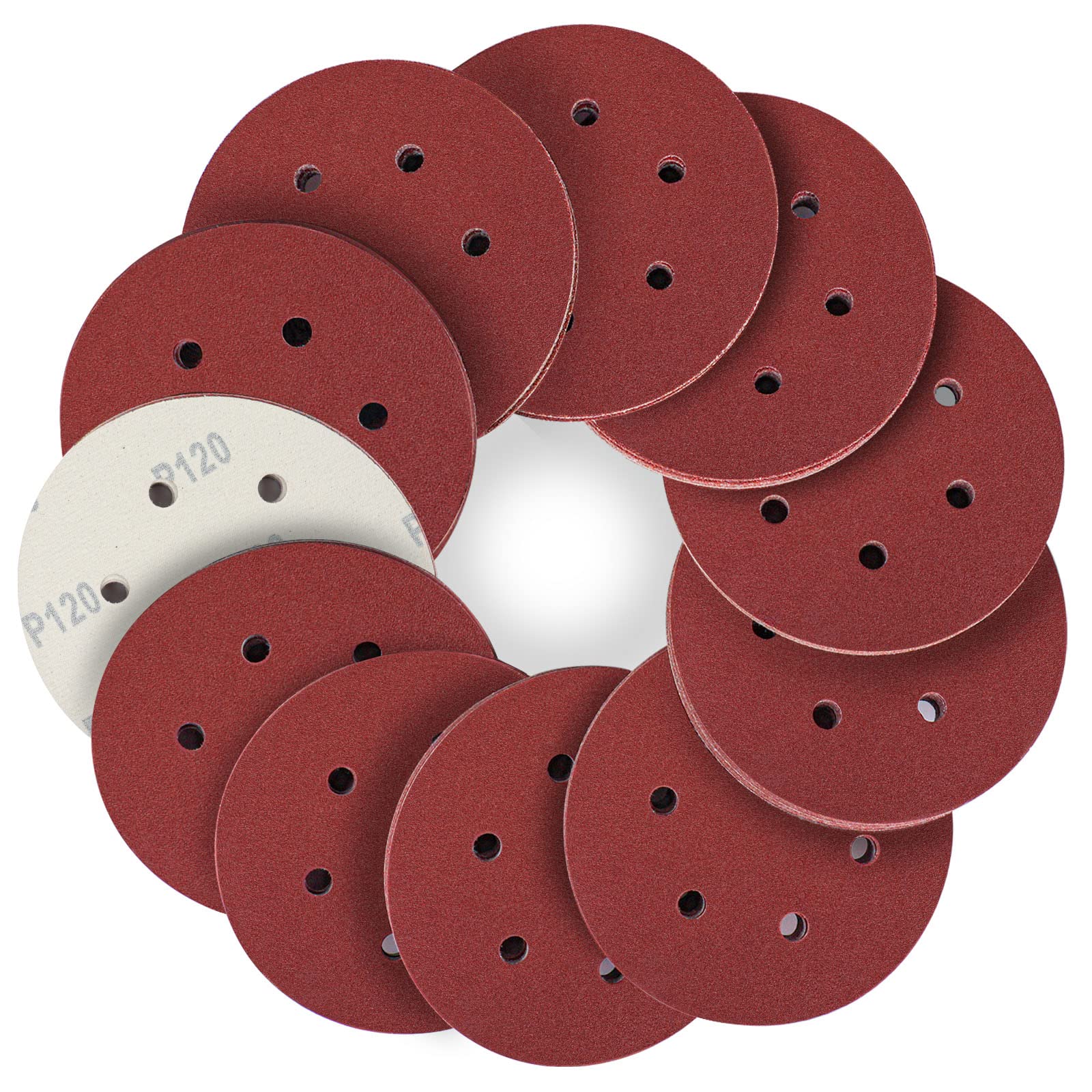 STEBRUAM 150mm Sanding Discs 120 Grits 50PCS,Hook and Loop Sandpaper Pads for 6 Inch 6 Hole Random Orbital Sander — image 1