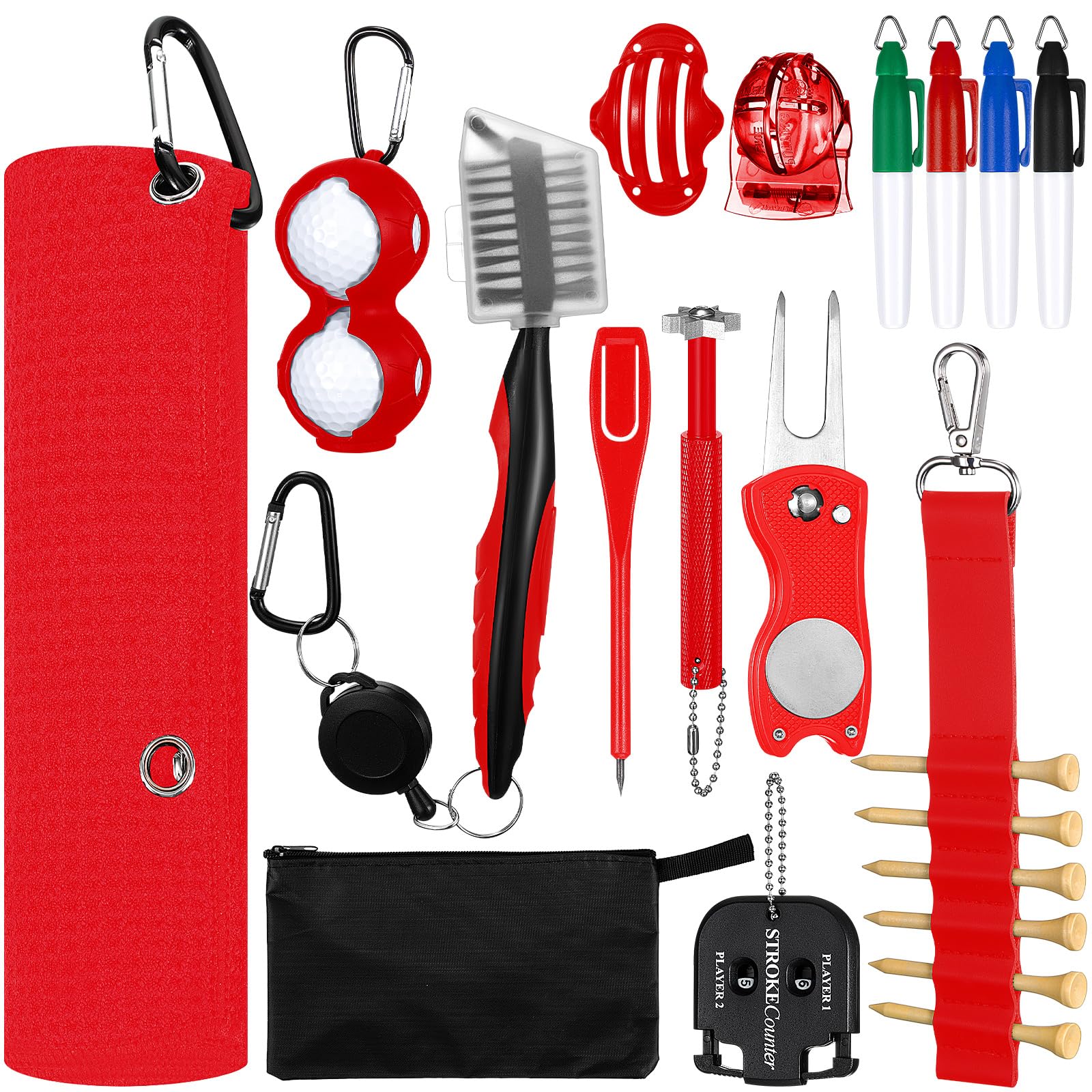 Photo 1 of Syhood 21 Pcs Golf Club Cleaning Kit Accessories Golf Brush, Towel, Groove Sharpener, Divot Repair Tool, Ball Alignment Kit Gift for Christmas Portable Tool Kit for Men or Women(Red)