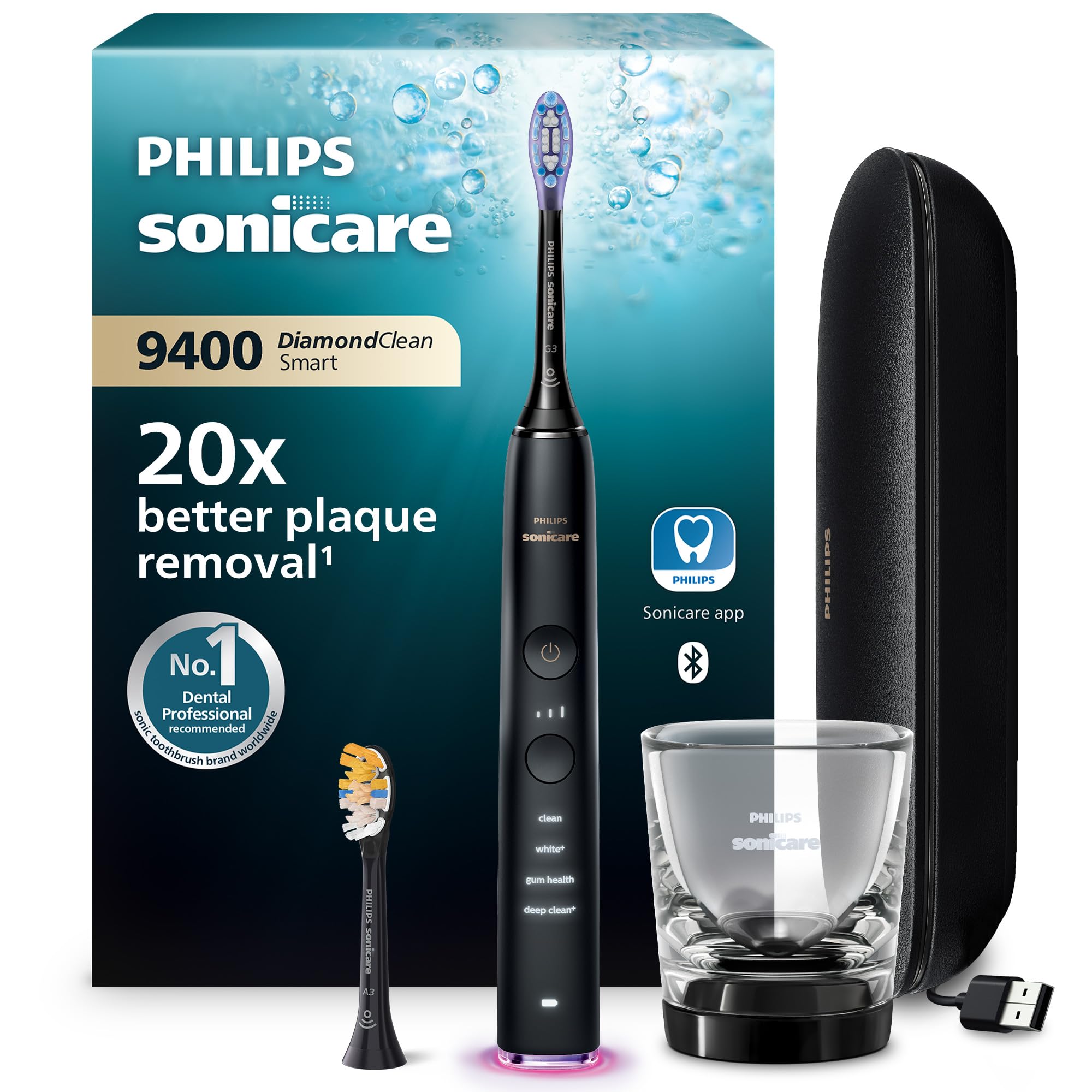 Philips Sonicare DiamondClean Smart 9400 Electric Toothbrush, Sonic Toothbrush with App, Pressure Sensor, Brush Head Detection, 4 Brushing Modes and 3 Intensity Levels, Black, Model HX9917/89