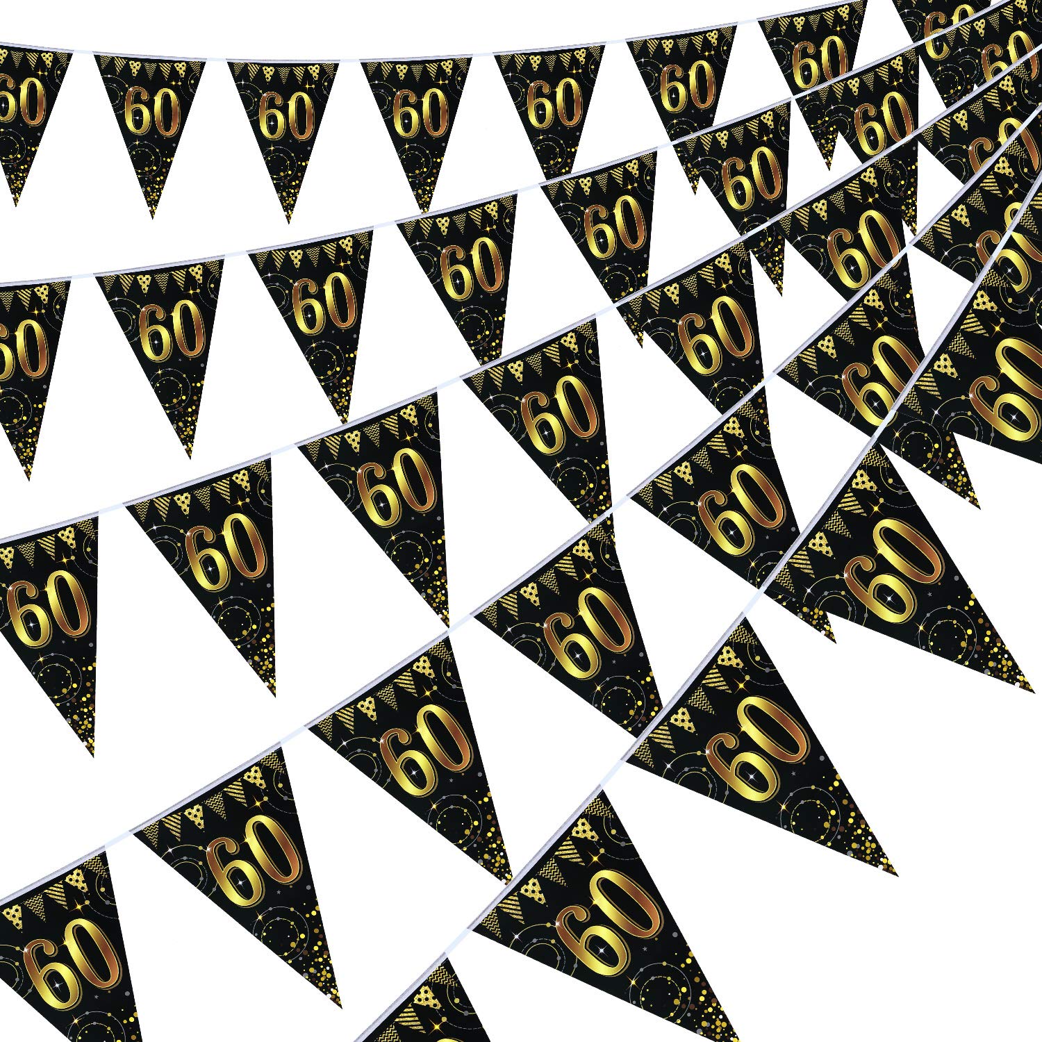 Frienda Happy 60th Birthday Banner Bunting Flags 5 Pieces Gold and Black Glitter 60th Birthday Anniversary Party Decoration Supplies, 7.4 x 10.8 Inch
