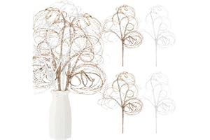 Daifunli 4pcs Champagne and White Glitter Christmas Picks Ting Curly Branch Stem Ornament 20 Inch Decorative Glittery Stick Artificial Glitter for Xmas Tree Wreath Craft Home Garden Vase Filler Decor