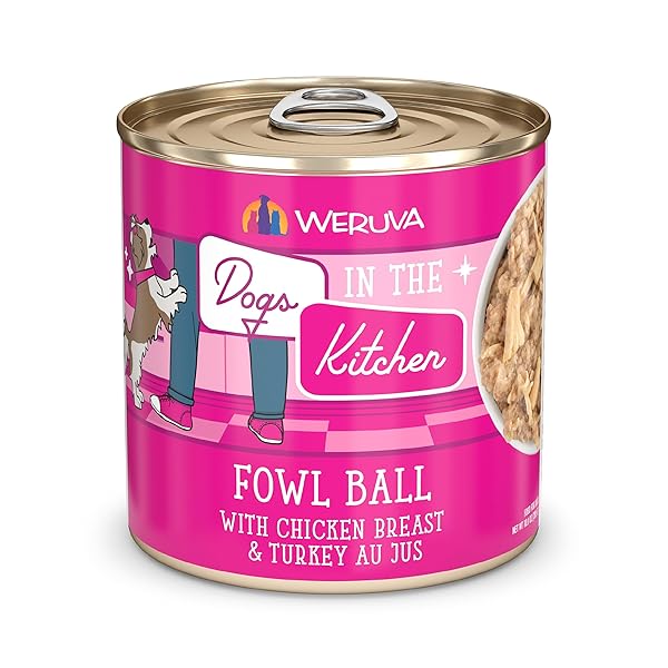 WERUVA DOGS IN THE KITCHEN, FOWL BALL WITH CHICKEN BREAST & TURKEY AU JUS DOG FOOD, 10OZ CAN (PACK OF 12)