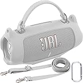 khanka for JBL Charge 6 Waterproof Portable Bluetooth Speaker Silicone Case,Soft Protective Sleeve Cover with Shoulder Strap for JBL Charge 6 Speaker (White)