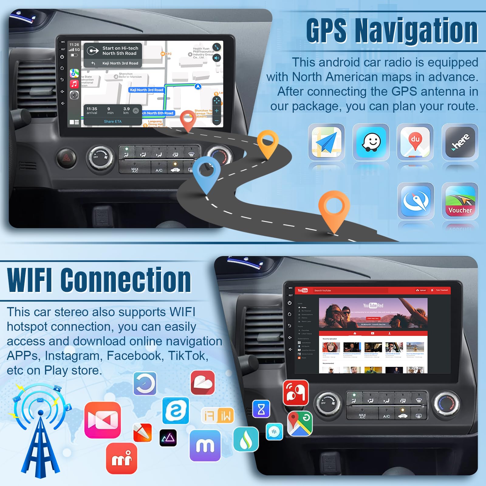 Naifay Android Car Radio for Honda Civic 2006 2007 2008 2009 2010 2011 with Wireless CarPlay Android Auto, 2+32G 10.1inch IPS Touch Screen for Civic Car Stereo with Bluetooth GPS Navigation WiFi SWC