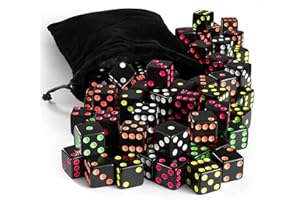BUNDLEBEE Neon Blackout Dice - 50 Dice Set - 5 Colors - Included Drawstring Storage Bag - 16mm Six-Sided Square Dice for Replacement Gaming Supplies for Board Games, Family Game Night, Kids STEM Math Teaching