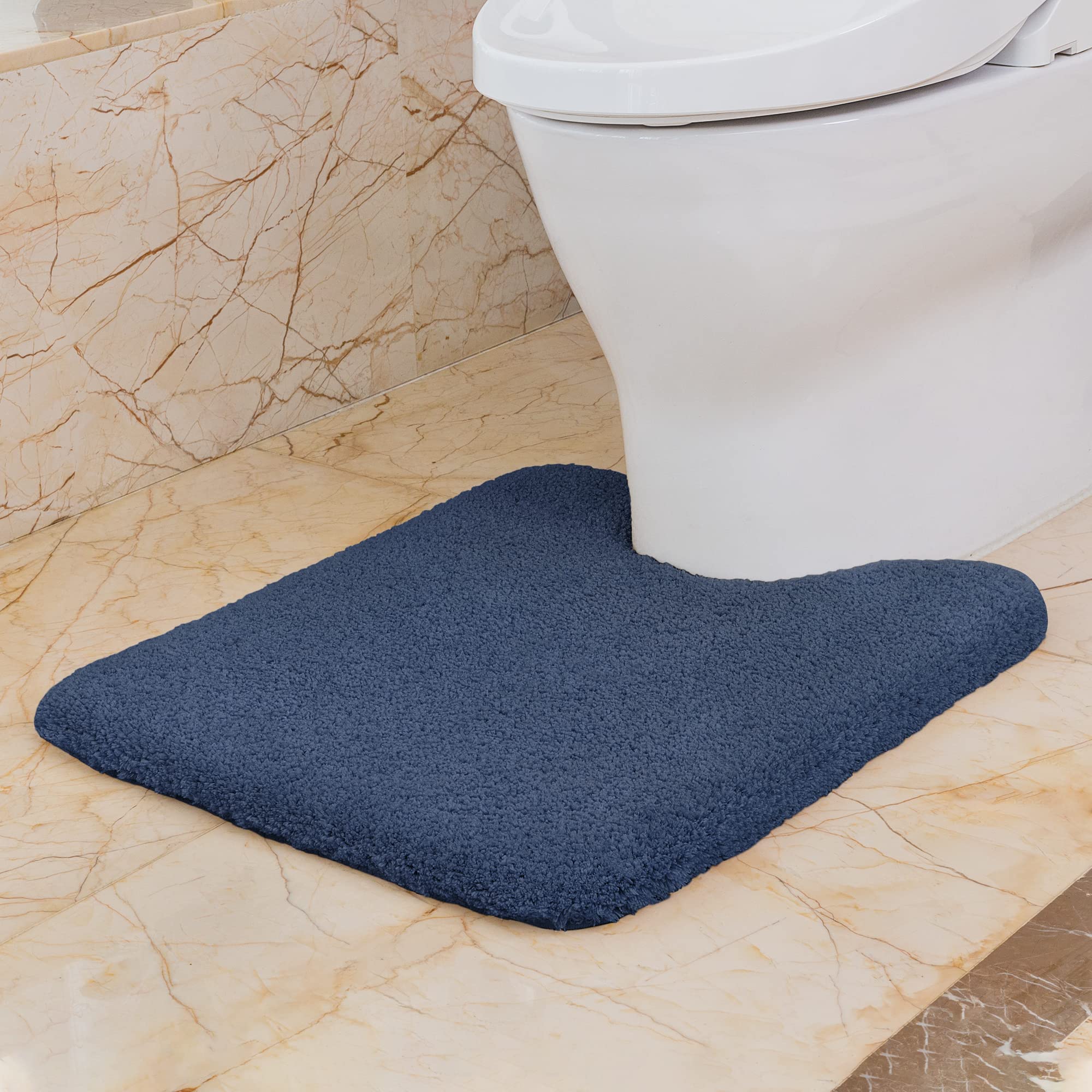 VANZAVANZU Non Slip Toilet Mat Thickened Pedestal Mat for Toilet Absorbent Ultra Soft Bathroom Toilet Rug Fluffy Microfiber Bath Mat, Quick-drying, Machine Washable - 50 x 60cm U Shape (Navy Blue)