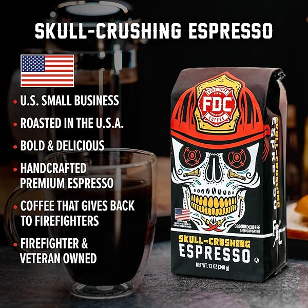 FIRE DEPARTMENT COFFEE – GIVES BACK TO FIREFIGHTERS – FULL-BODIED & BOLD SKULL CRUSHING ESPRESSO GROUND COFFEE – ROASTED IN THE USA – VETERAN OWNED – 12 OZ