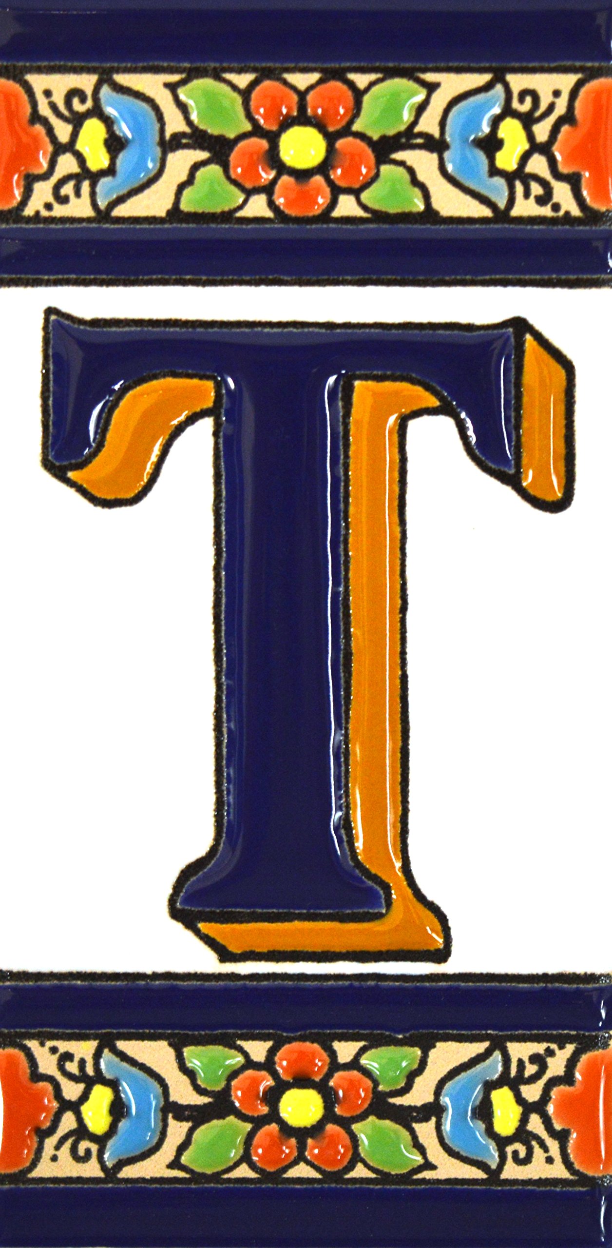 House letters 4 inch. Handpainted house letter tiles for signs, addresses and names. Address numbers for houses. House address numbers and letters. Design FLORES MEDIANO 4,29" x 2,13" (LETTER T) — image 1