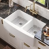 DeerValley Double Bowl Farmhouse Kitchen Sink Fireclay Farm Sink 32.8 Inch | Reversible Apron Front Deep Drop In Kitchen Sinks with Bottom Grid and Strainer