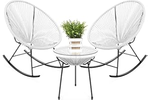 Best Choice Products 3-Piece Outdoor Acapulco All-Weather Woven Rope Patio Conversation Bistro Set w/Glass Top Table and 2 Rocking Chairs - White