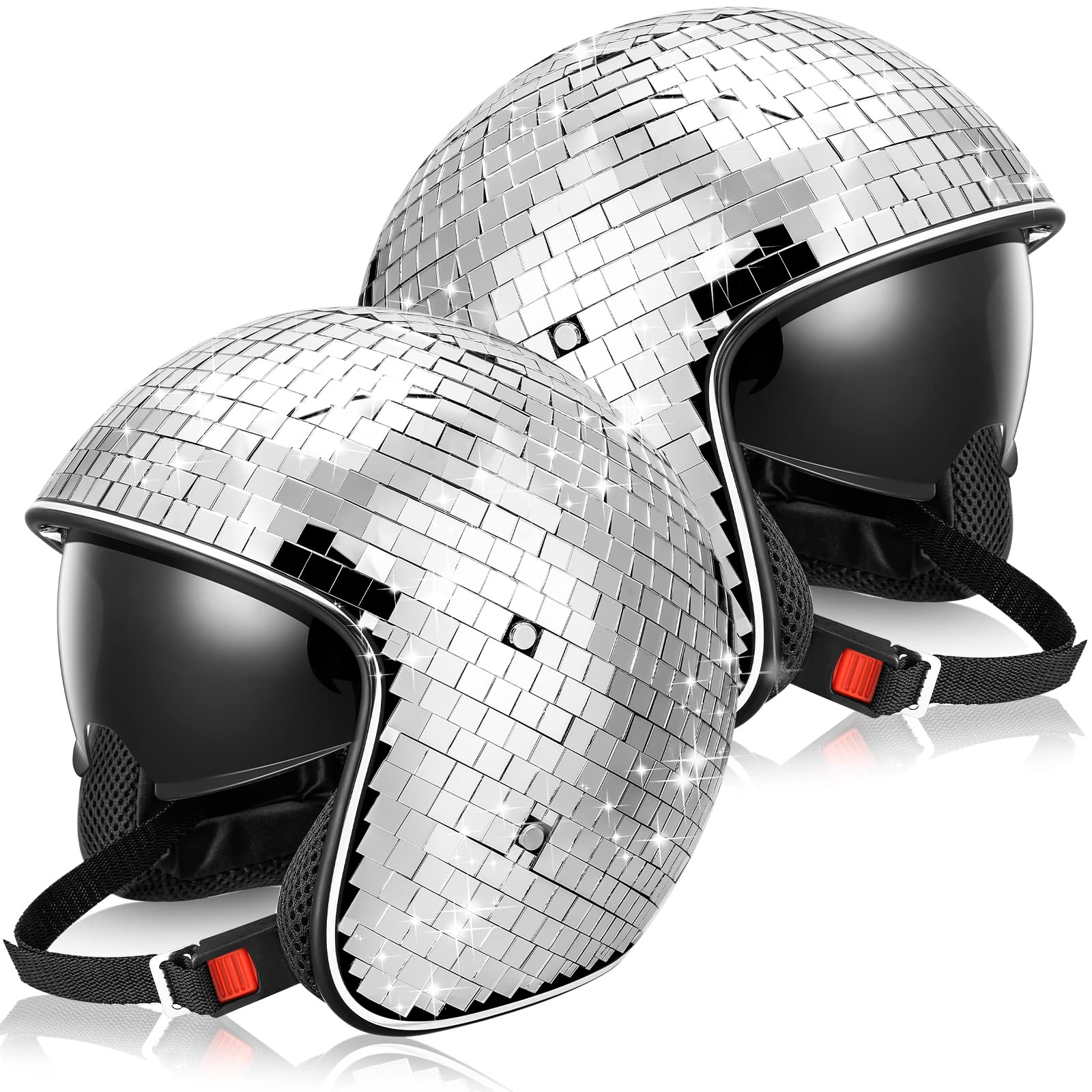 Photo 1 of **NO VISORS**Kanayu 2 Pcs Disco Ball Helmet with Retractable Visor Glitter Mirror Glass Hat for Mardi Gras Easter Disco Ball Costume Cosplay Dj Club Novelty Favor Summer Decoration Party(Silver)