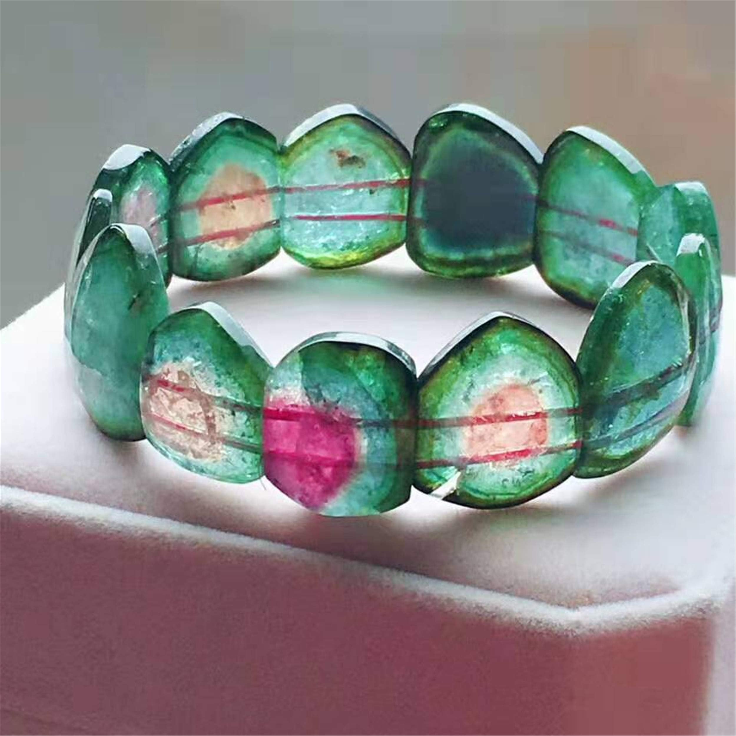 LiZiFang Genuine Natural Watermelon Tourmaline Gemstone Irregular Crystal Bead Woman Bracelet Certificate AAAAA