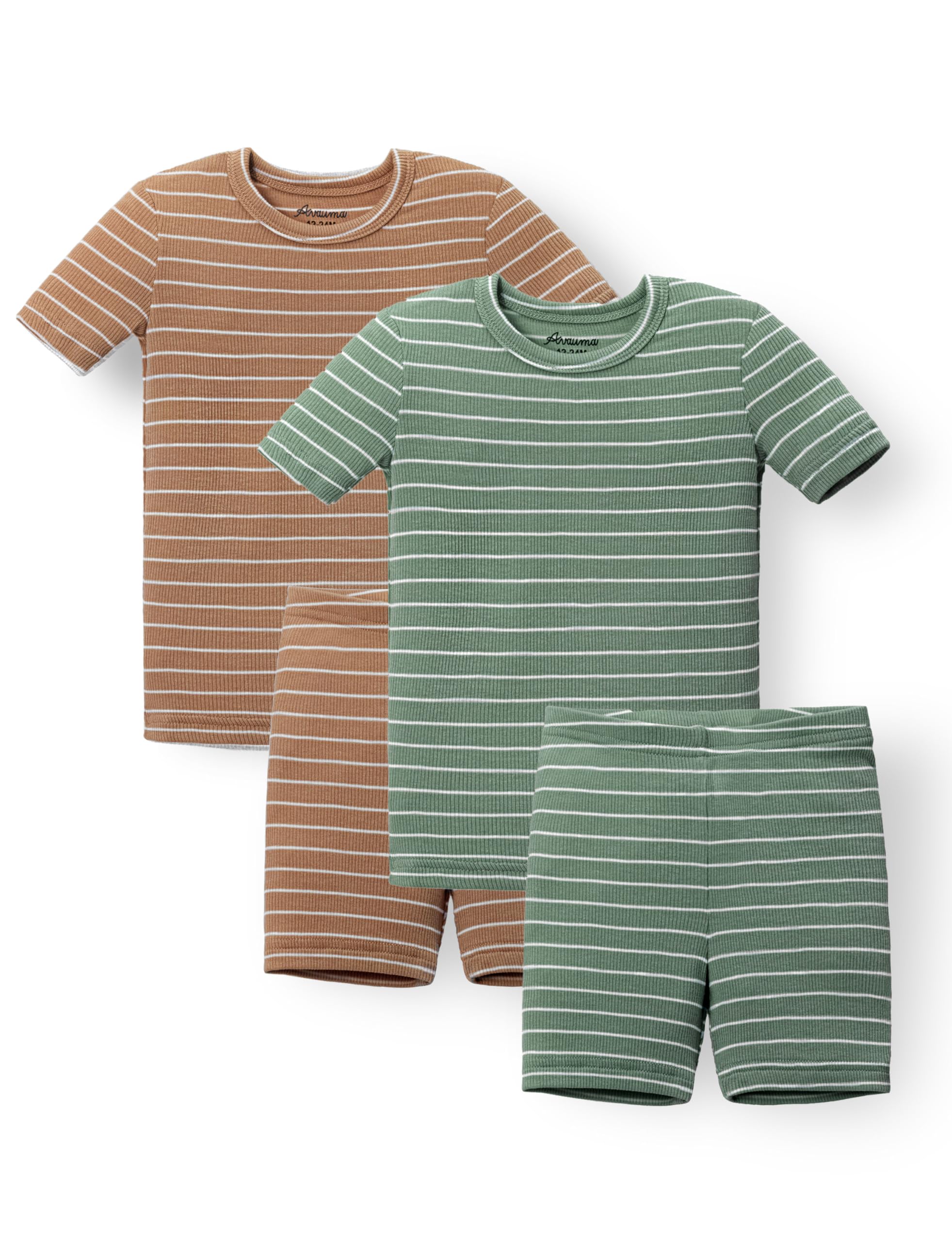 AVAUMA Stripe Pattern Baby Boys Girls Pajama Set Kids Toddler Snug fit Ribbed Sleepwear pjs for Daily Life Style (O.Gn, D.Cm 12-24 Months) (2Pack-Short) Image