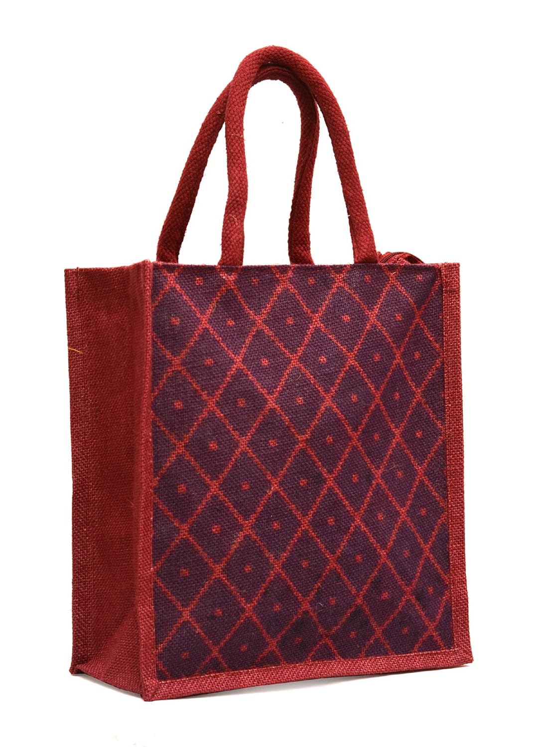 maroon jute with diamond dot printed with rope handle jute burlap lunch tiffin outdoor handbag bag working office bag. (maroon) (1)