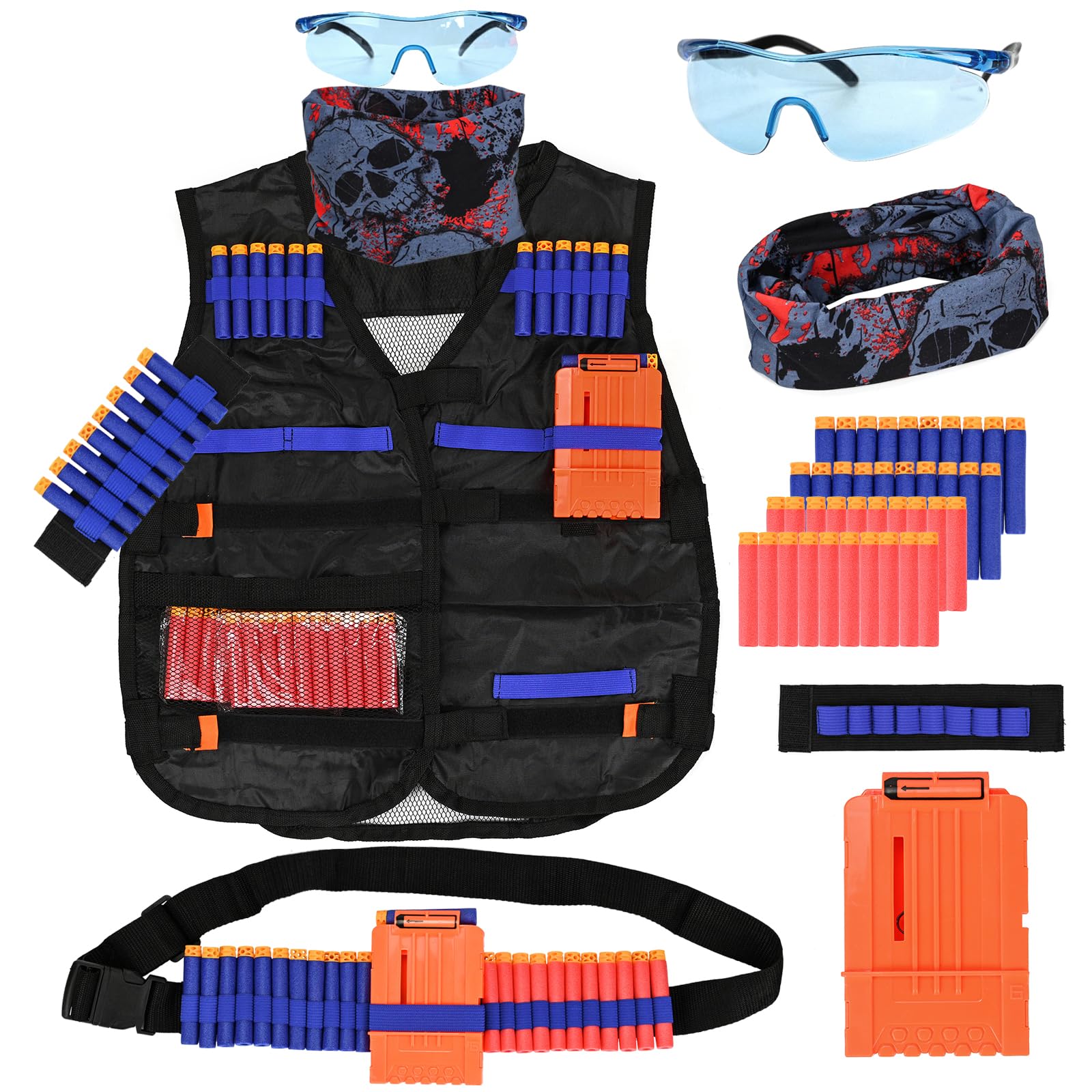 LUUFAN Tactical Vest Kit for NERF Guns with Reload Clips, Refill Darts, Wrist Band, Tactical Mask Protective Glasses and Darts Belts Birthday Gift