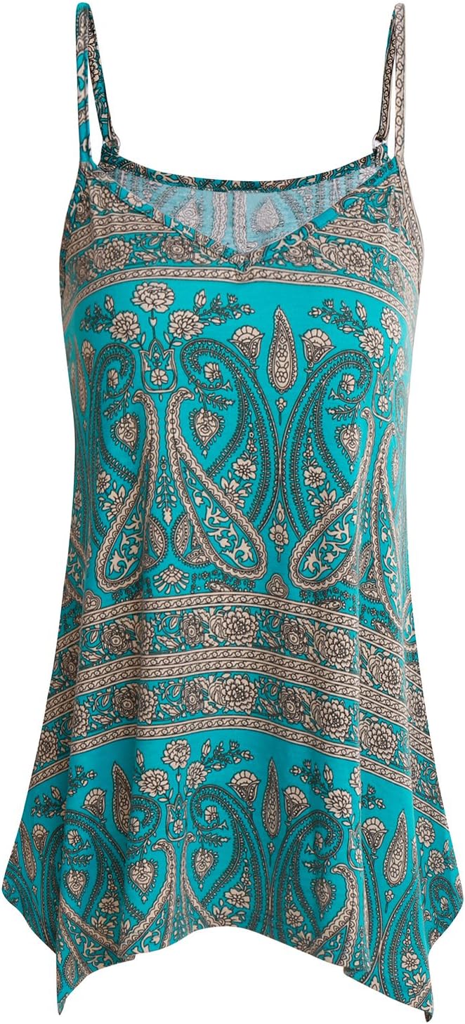 Womens Summer Sleeveless V Neck Spaghetti Strap Printed Cami Swing Irregular Tops